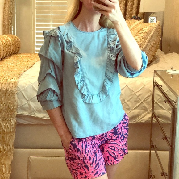 H&M Tops - H&M Premium Denim Chambray Ruffle Top Small